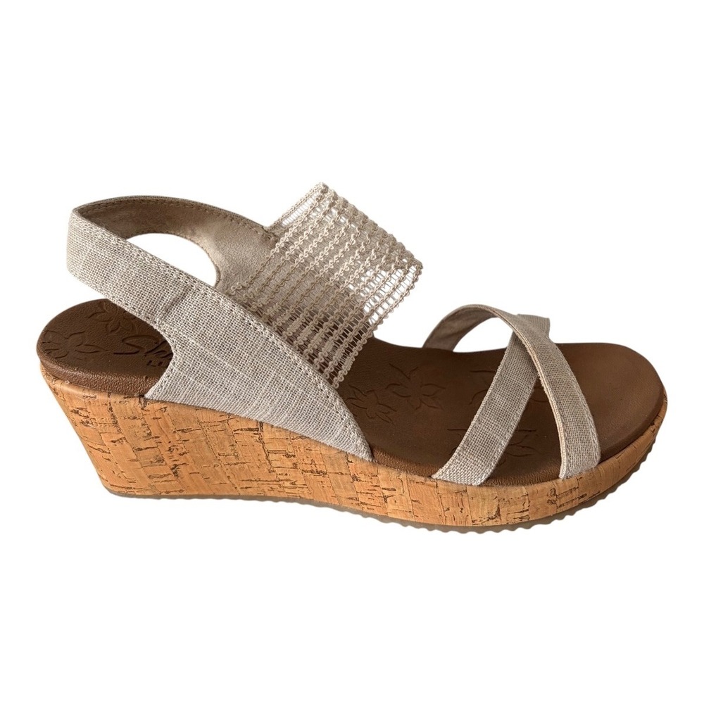 Skechers Luxe Foam Wedge Sandals Size 9 Natural Beige Cork Heel Shoes